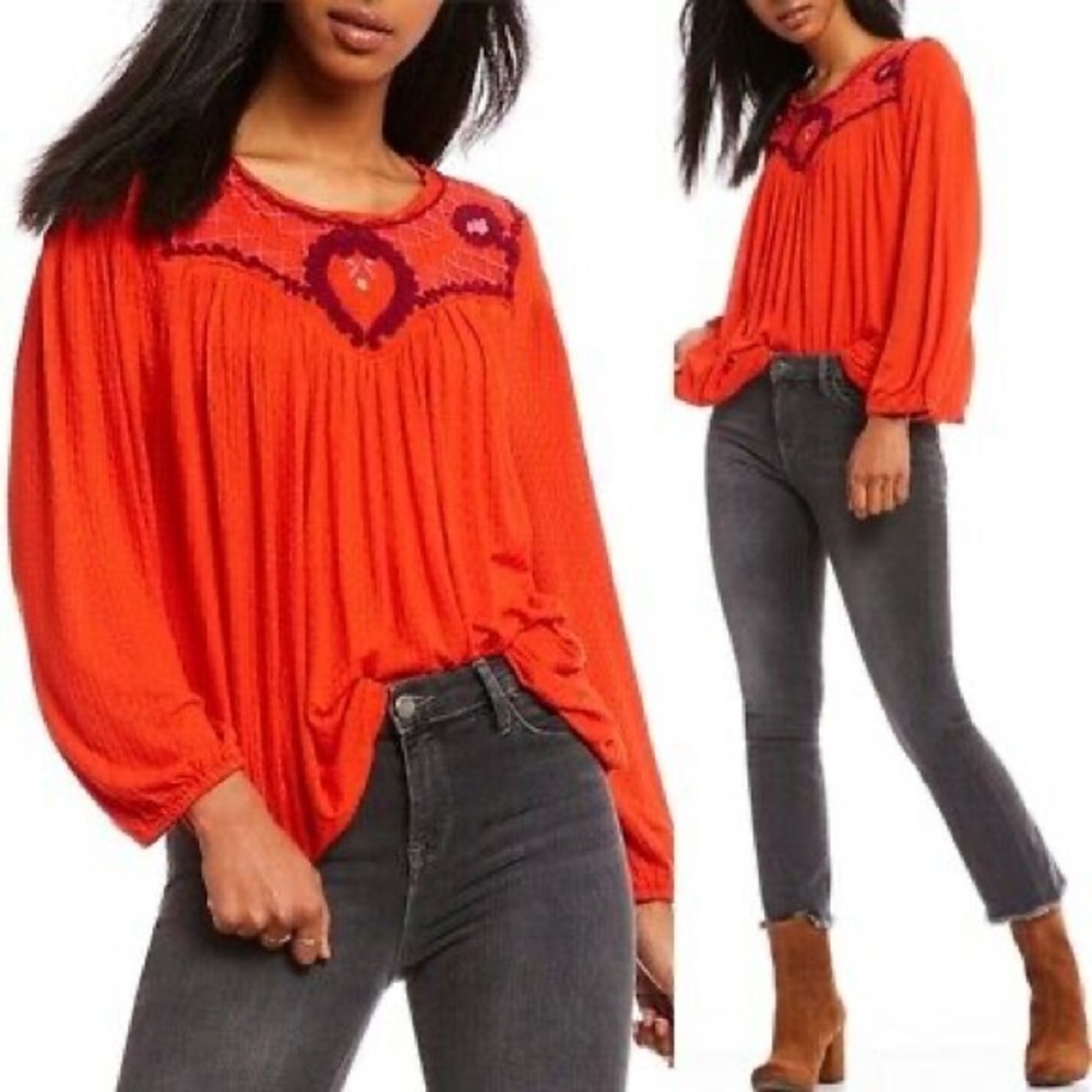 NWT Free People Begonia Embroidered Red Top